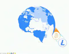Bitcoin and Litecoin coins orbiting globe