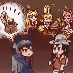 Anime characters listening to gramophones