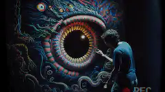 Man painting giant monster eye mural