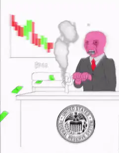 Pink man printing money at Federal Reserve