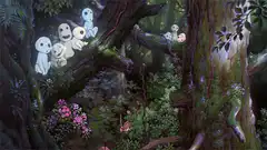 Glowing spirits in a magical forest