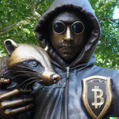 Bronze statue of hooded figure with raccoon and Bitcoin shield