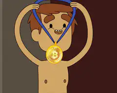 Cartoon man holding Bitcoin medal