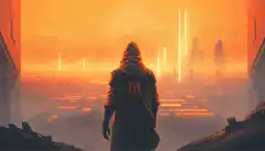 Hooded figure overlooking futuristic city