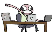man frantically typing on three laptops
