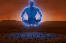 Blue spirit meditating in desert