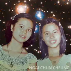 Two women morphing faces against stars