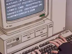 Hands typing on retro computer keyboard