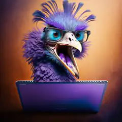 purple bird with glasses screaming at laptop