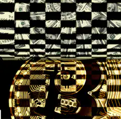 Bitcoin and dollar money checkerboard