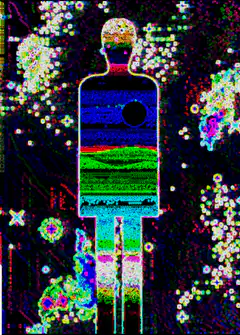 Bitcoin logo inside glitchy human silhouette