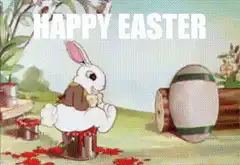 Cartoon bunny dancing with Easter eggs