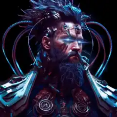 Cybernetic warrior with glowing eyes