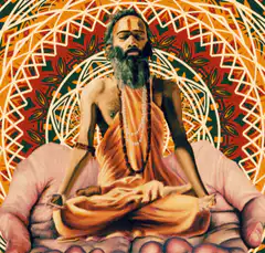 Meditating man held in hands with mandala