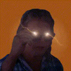 man with glowing eyes and lightning
