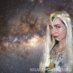 Woman in elven costume against galaxy background