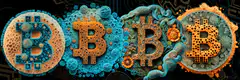 Four textured Bitcoin logos
