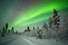 Aurora Borealis over snowy forest road