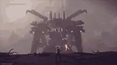 Nier Automata boss fight against a giant walker