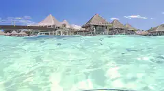 Underwater view of overwater bungalows and fish