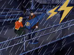 Aquaman holding Bitcoin sign in rain