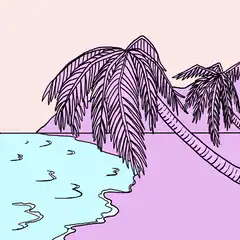 Purple palm trees blowing in the wind