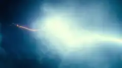 Iron Man flying through lightning storm