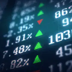 Stock market ticker with green and red arrows