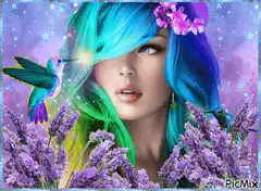 Woman with rainbow hair and hummingbird