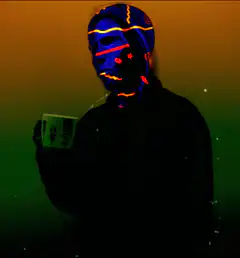 Person in glowing mask drinking from mug