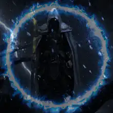 Hooded figure in blue magic circle