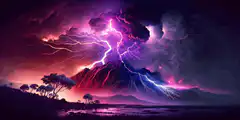 Purple lightning storm over volcano