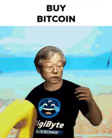 Old man gives thumbs up with Buy Bitcoin text