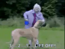 Old lady throws dog into the air