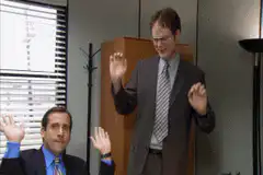 Michael Scott and Dwight Schrute waving hands