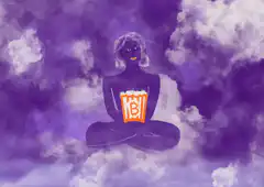 Black figure eating popcorn in clouds