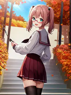 Anime girl with glasses on autumn stairs