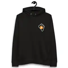 black hoodie with bitcoin fist logo