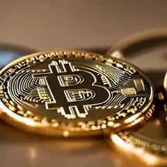Close-up of physical Bitcoin coins
