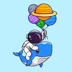 Astronaut riding a whale with planet balloons