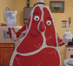Meat character waving in kitchen