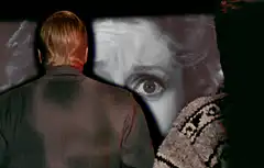 Man watching Norma Bates on screen