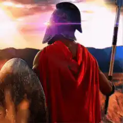 Roman soldier with glowing visor at sunset