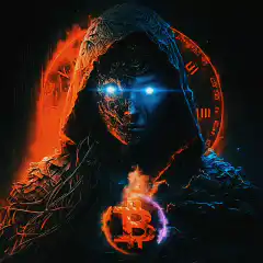 Hooded figure with glowing eyes and Bitcoin