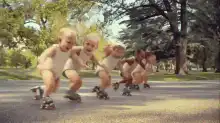 Babies on roller skates crash into fence