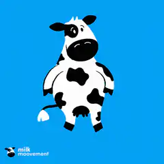 Dancing cartoon cow on blue background