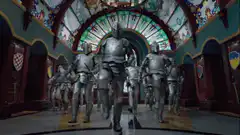 Knights in armor dancing in a castle hall