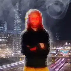 Glowing red eyes man city night