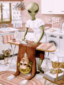 Alien ironing upside down person