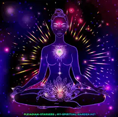 Pleiadian Starseed meditating with glowing chakras